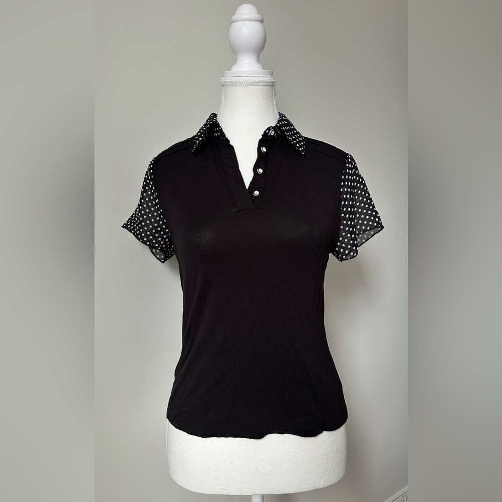 LISA INTERNATIONAL Vintage Polka Dot Preppy‎ Retro Collared Short Sleeve Size SP